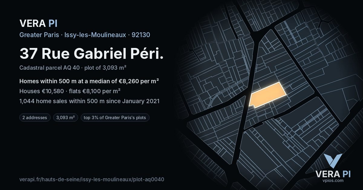 37 Rue Gabriel Péri, Issy-les-Moulineaux at night – the plot lit, the parcels around coloured by the prices near them