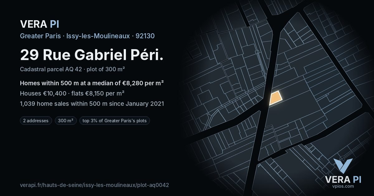 29 Rue Gabriel Péri, Issy-les-Moulineaux at night – the plot lit, the parcels around coloured by the prices near them