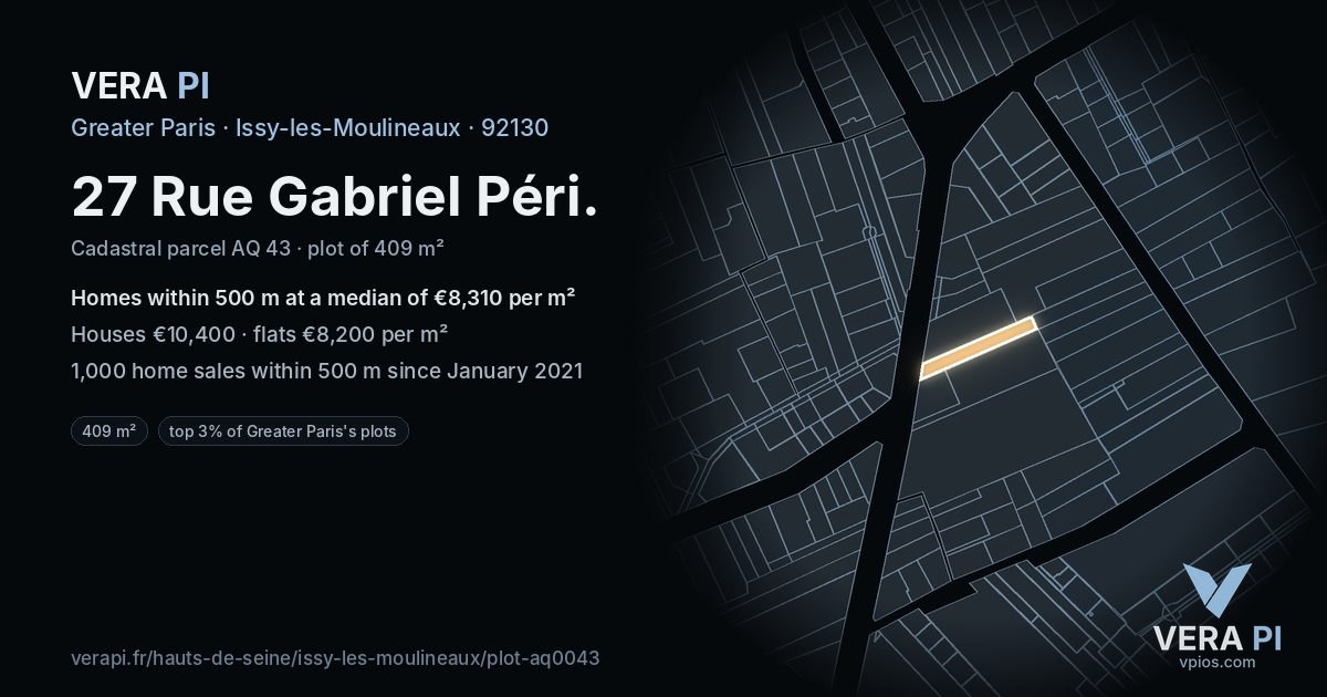 27 Rue Gabriel Péri, Issy-les-Moulineaux at night – the plot lit, the parcels around coloured by the prices near them