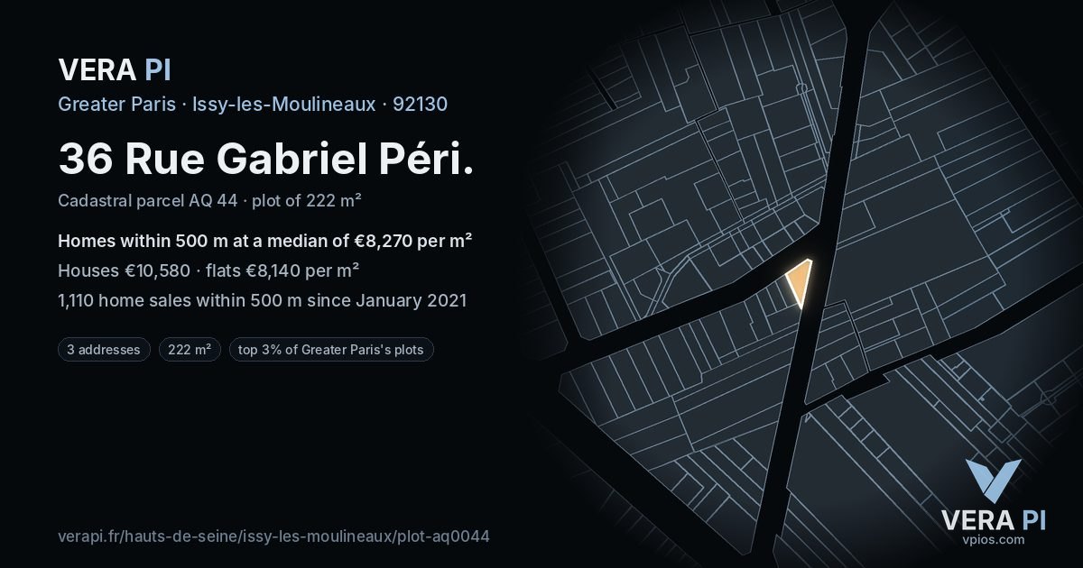 36 Rue Gabriel Péri, Issy-les-Moulineaux at night – the plot lit, the parcels around coloured by the prices near them