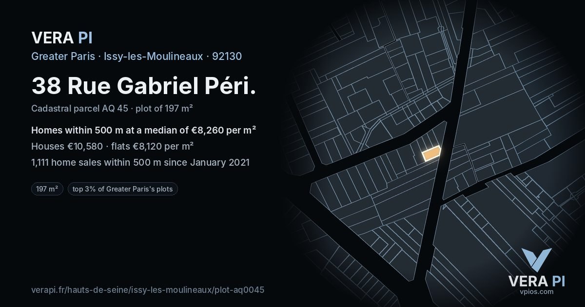 38 Rue Gabriel Péri, Issy-les-Moulineaux at night – the plot lit, the parcels around coloured by the prices near them