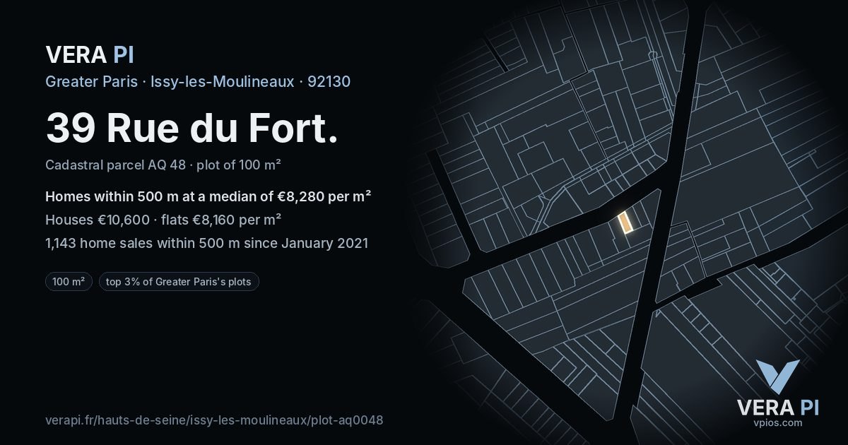 39 Rue du Fort, Issy-les-Moulineaux at night – the plot lit, the parcels around coloured by the prices near them