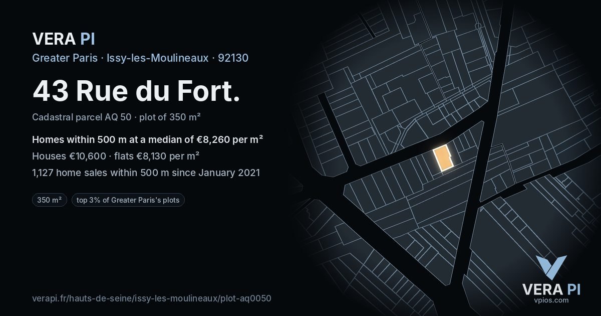 43 Rue du Fort, Issy-les-Moulineaux at night – the plot lit, the parcels around coloured by the prices near them