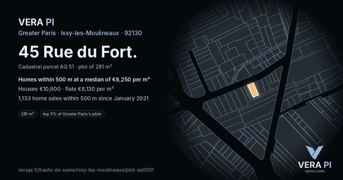 45 Rue du Fort, Issy-les-Moulineaux at night – the plot lit, the parcels around coloured by the prices near them