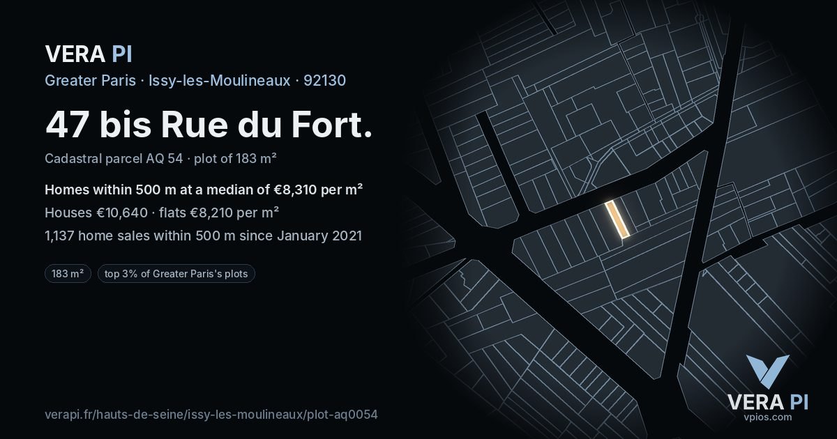 47 bis Rue du Fort, Issy-les-Moulineaux at night – the plot lit, the parcels around coloured by the prices near them