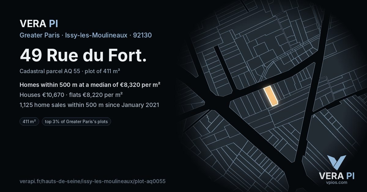 49 Rue du Fort, Issy-les-Moulineaux at night – the plot lit, the parcels around coloured by the prices near them