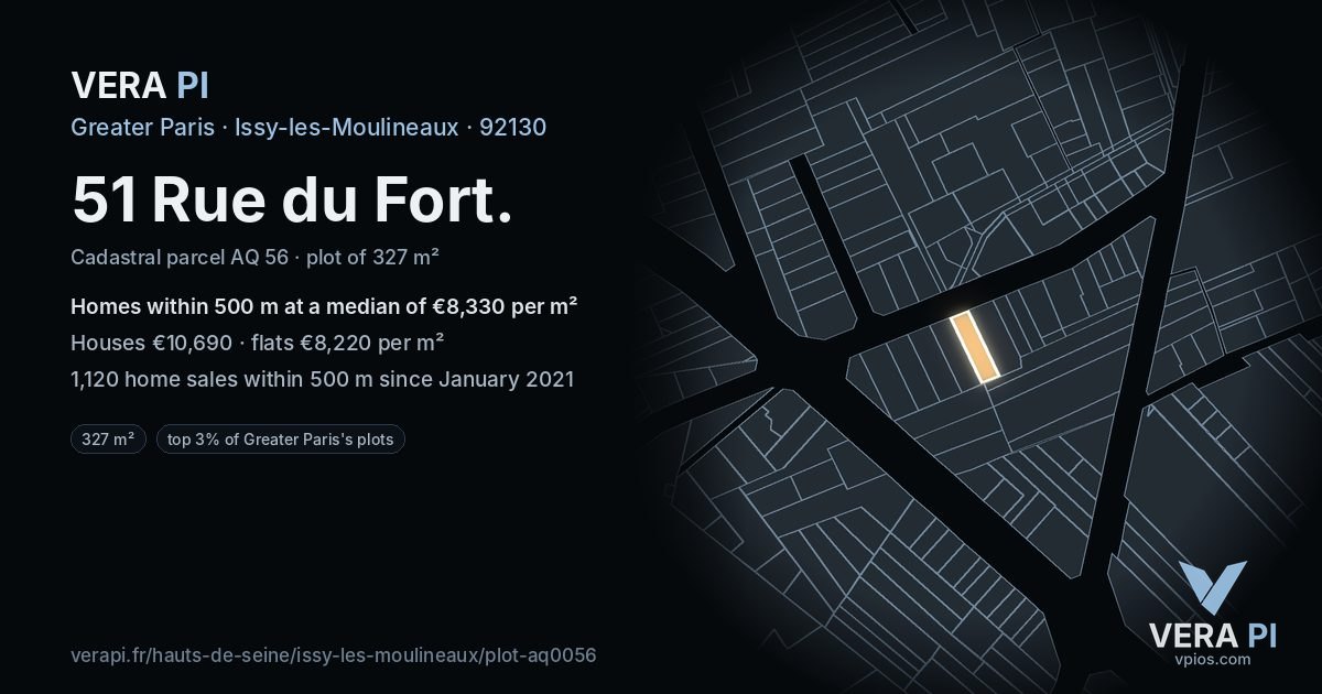 51 Rue du Fort, Issy-les-Moulineaux at night – the plot lit, the parcels around coloured by the prices near them