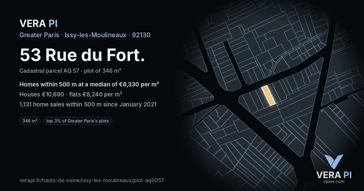 53 Rue du Fort, Issy-les-Moulineaux at night – the plot lit, the parcels around coloured by the prices near them