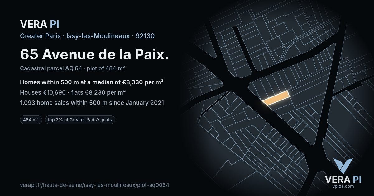 65 Avenue de la Paix, Issy-les-Moulineaux at night – the plot lit, the parcels around coloured by the prices near them