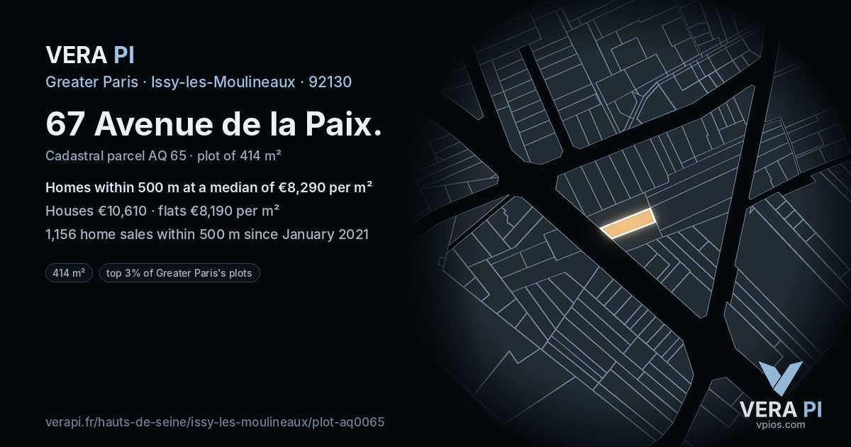 67 Avenue de la Paix, Issy-les-Moulineaux at night – the plot lit, the parcels around coloured by the prices near them