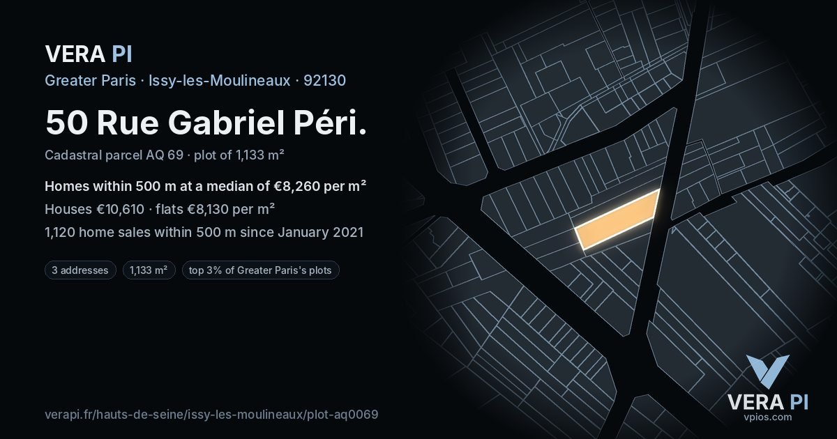 50 Rue Gabriel Péri, Issy-les-Moulineaux at night – the plot lit, the parcels around coloured by the prices near them