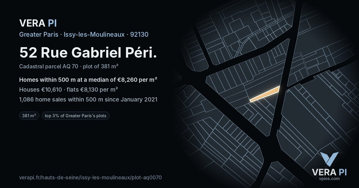 52 Rue Gabriel Péri, Issy-les-Moulineaux at night – the plot lit, the parcels around coloured by the prices near them