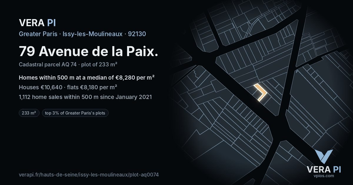 79 Avenue de la Paix, Issy-les-Moulineaux at night – the plot lit, the parcels around coloured by the prices near them