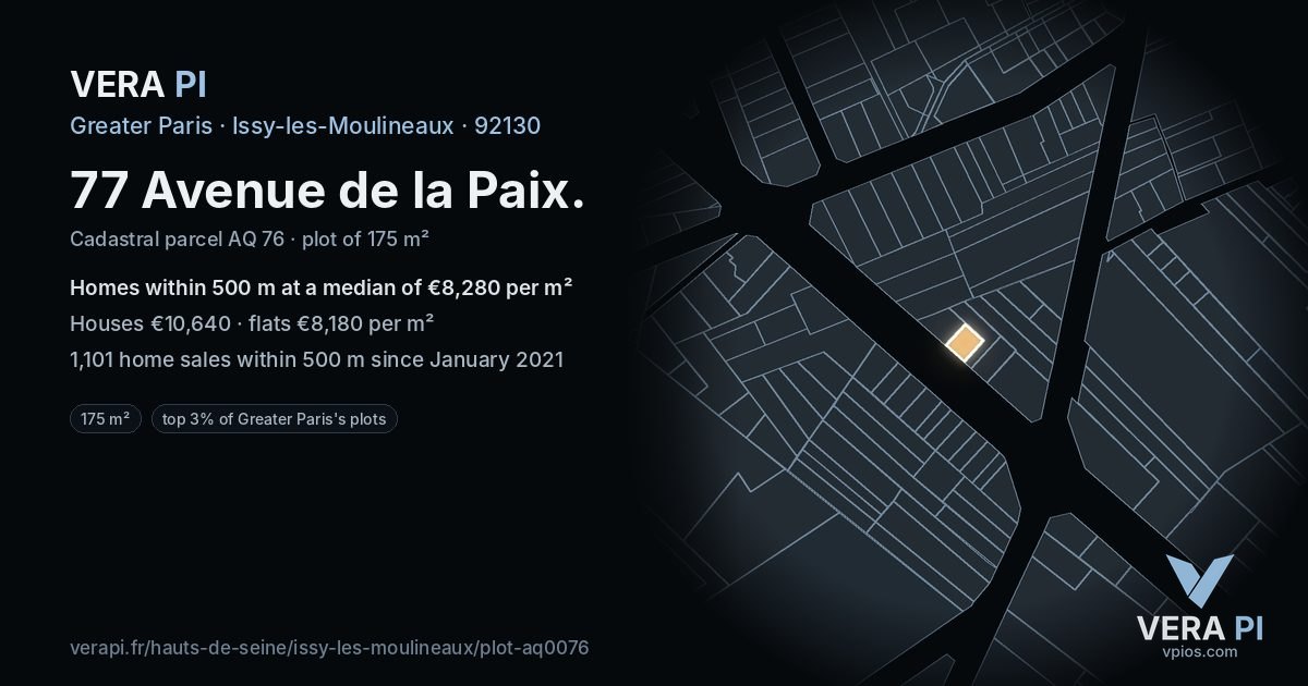 77 Avenue de la Paix, Issy-les-Moulineaux at night – the plot lit, the parcels around coloured by the prices near them