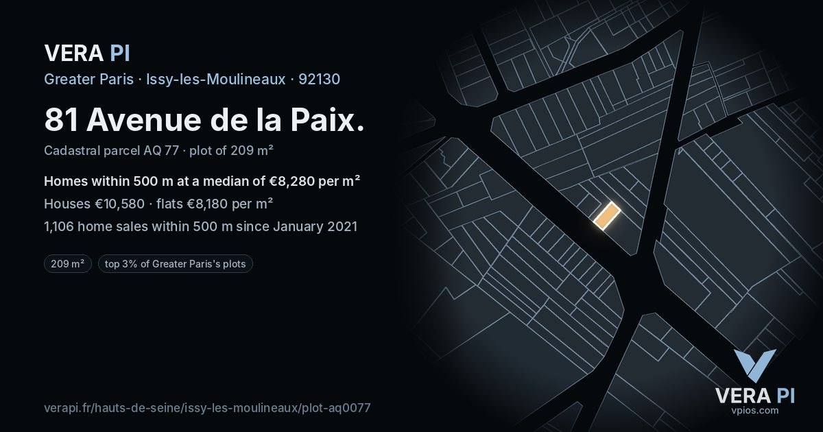 81 Avenue de la Paix, Issy-les-Moulineaux at night – the plot lit, the parcels around coloured by the prices near them