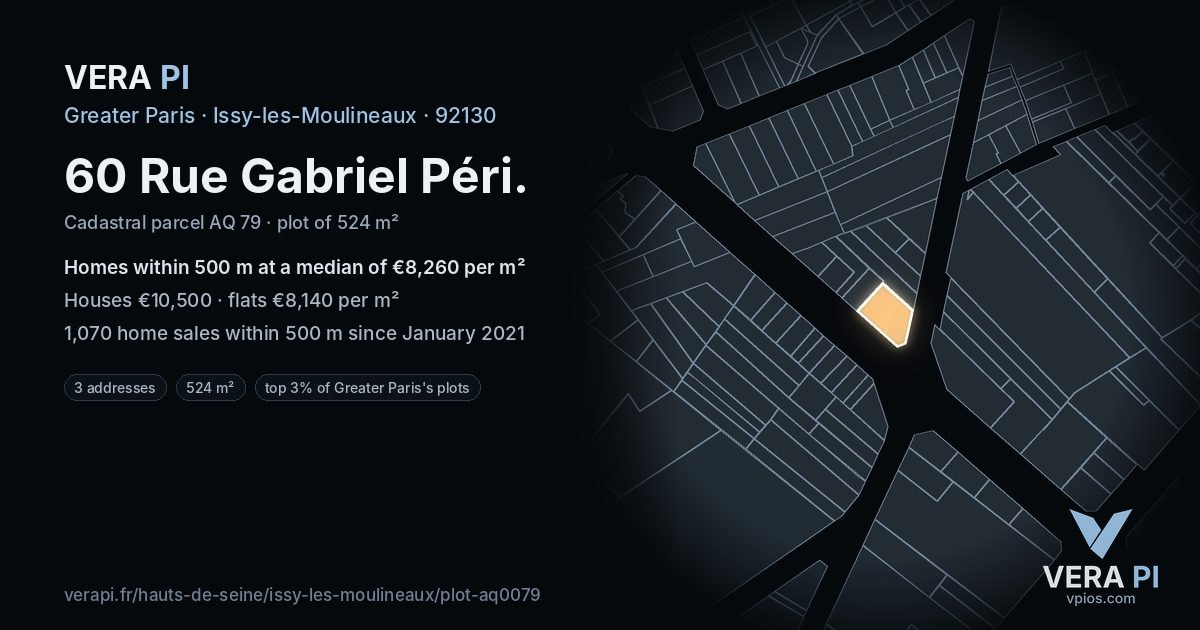 60 Rue Gabriel Péri, Issy-les-Moulineaux at night – the plot lit, the parcels around coloured by the prices near them