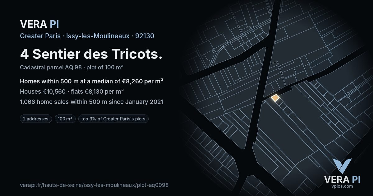 4 Sentier des Tricots, Issy-les-Moulineaux at night – the plot lit, the parcels around coloured by the prices near them