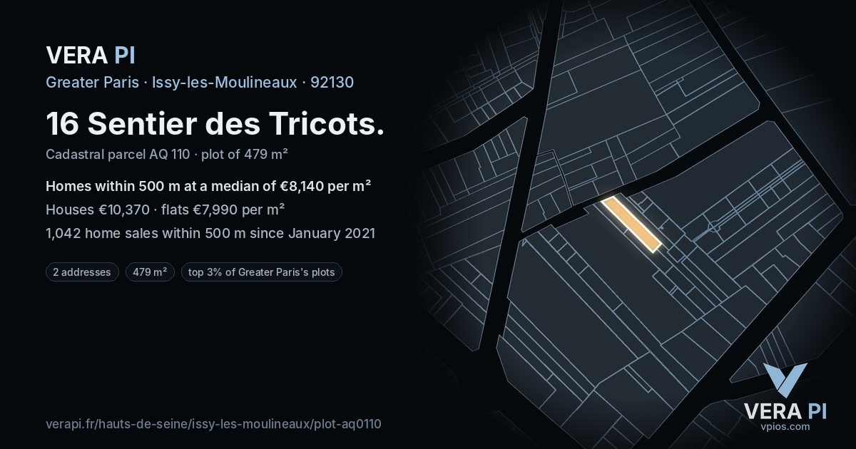 16 Sentier des Tricots, Issy-les-Moulineaux at night – the plot lit, the parcels around coloured by the prices near them