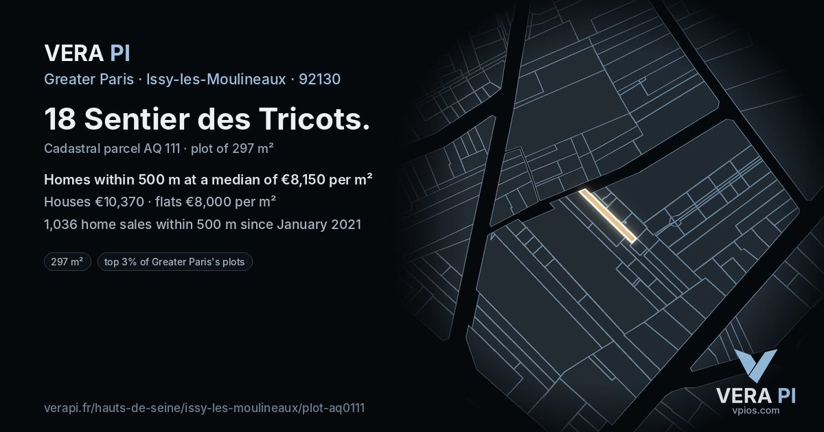 18 Sentier des Tricots, Issy-les-Moulineaux at night – the plot lit, the parcels around coloured by the prices near them