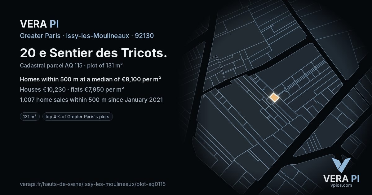 20 e Sentier des Tricots, Issy-les-Moulineaux at night – the plot lit, the parcels around coloured by the prices near them