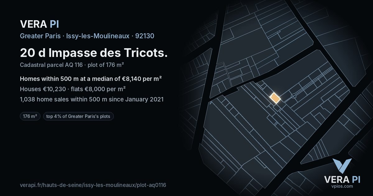 20 d Impasse des Tricots, Issy-les-Moulineaux at night – the plot lit, the parcels around coloured by the prices near them
