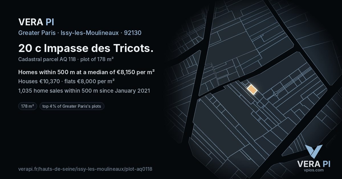 20 c Impasse des Tricots, Issy-les-Moulineaux at night – the plot lit, the parcels around coloured by the prices near them