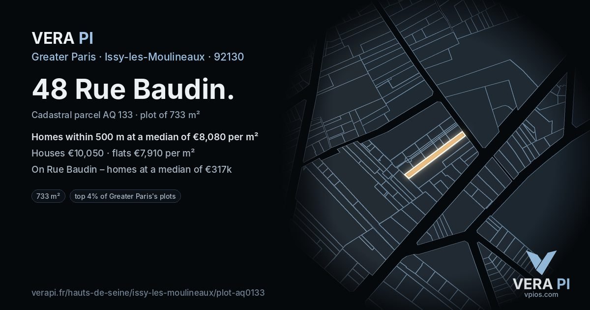 48 Rue Baudin, Issy-les-Moulineaux at night – the plot lit, the parcels around coloured by the prices near them