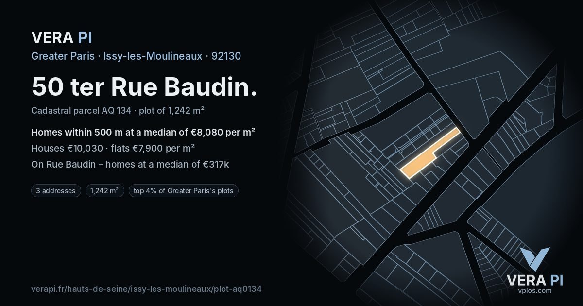 50 ter Rue Baudin, Issy-les-Moulineaux at night – the plot lit, the parcels around coloured by the prices near them