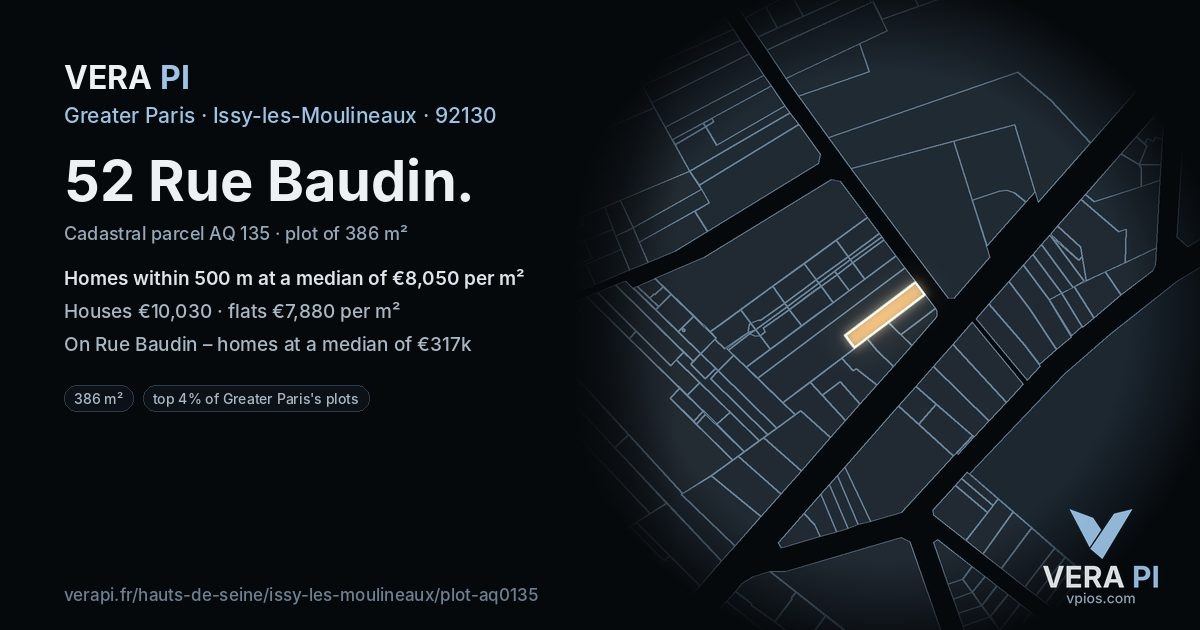 52 Rue Baudin, Issy-les-Moulineaux at night – the plot lit, the parcels around coloured by the prices near them