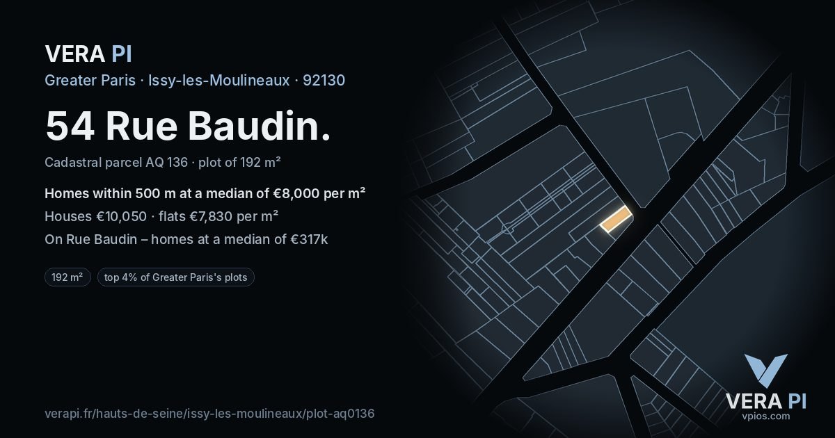 54 Rue Baudin, Issy-les-Moulineaux at night – the plot lit, the parcels around coloured by the prices near them