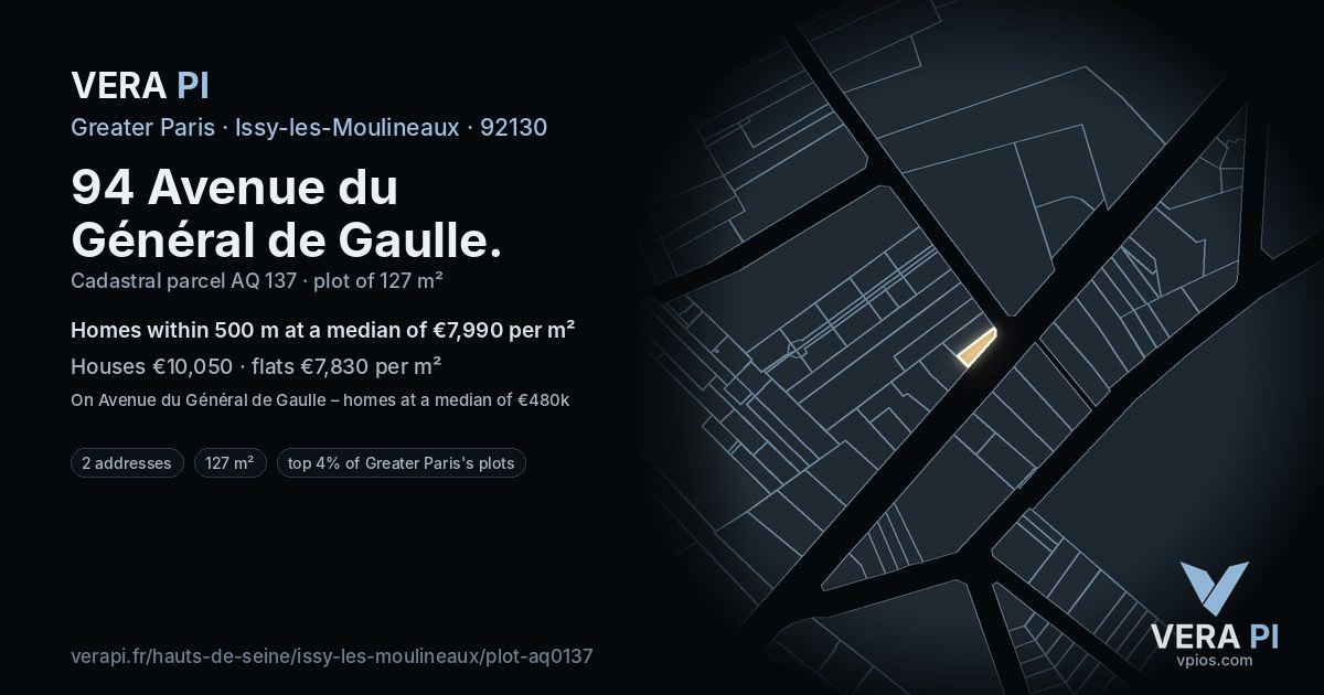 94 Avenue du Général de Gaulle, Issy-les-Moulineaux at night – the plot lit, the parcels around coloured by the prices near them