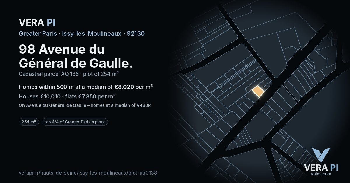98 Avenue du Général de Gaulle, Issy-les-Moulineaux at night – the plot lit, the parcels around coloured by the prices near them