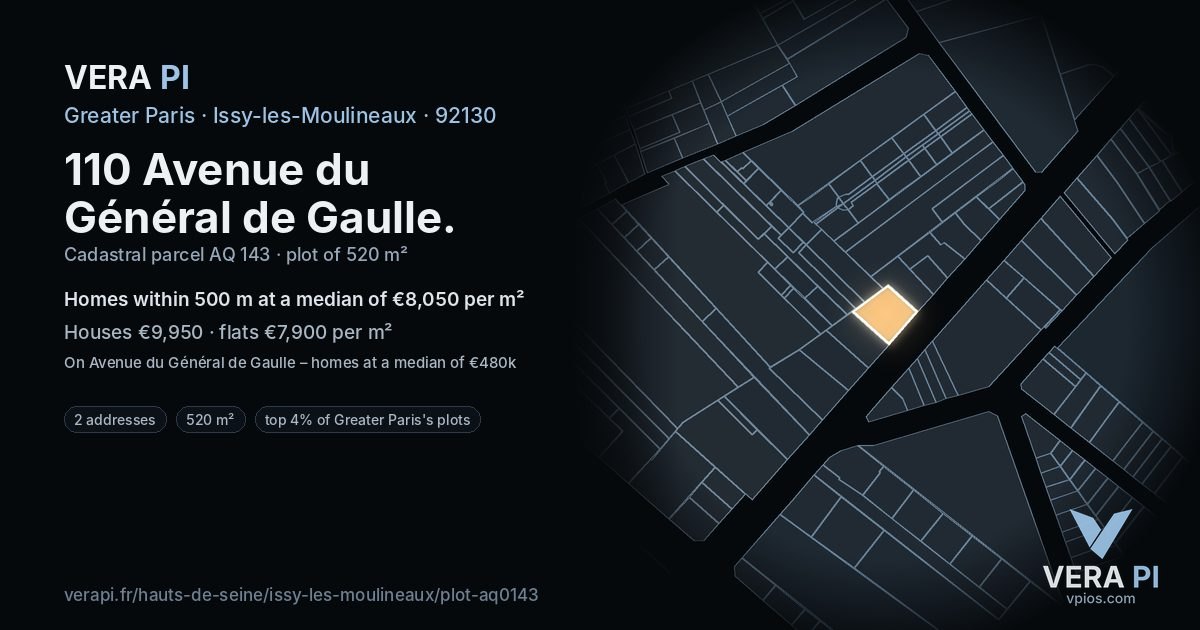110 Avenue du Général de Gaulle, Issy-les-Moulineaux at night – the plot lit, the parcels around coloured by the prices near them