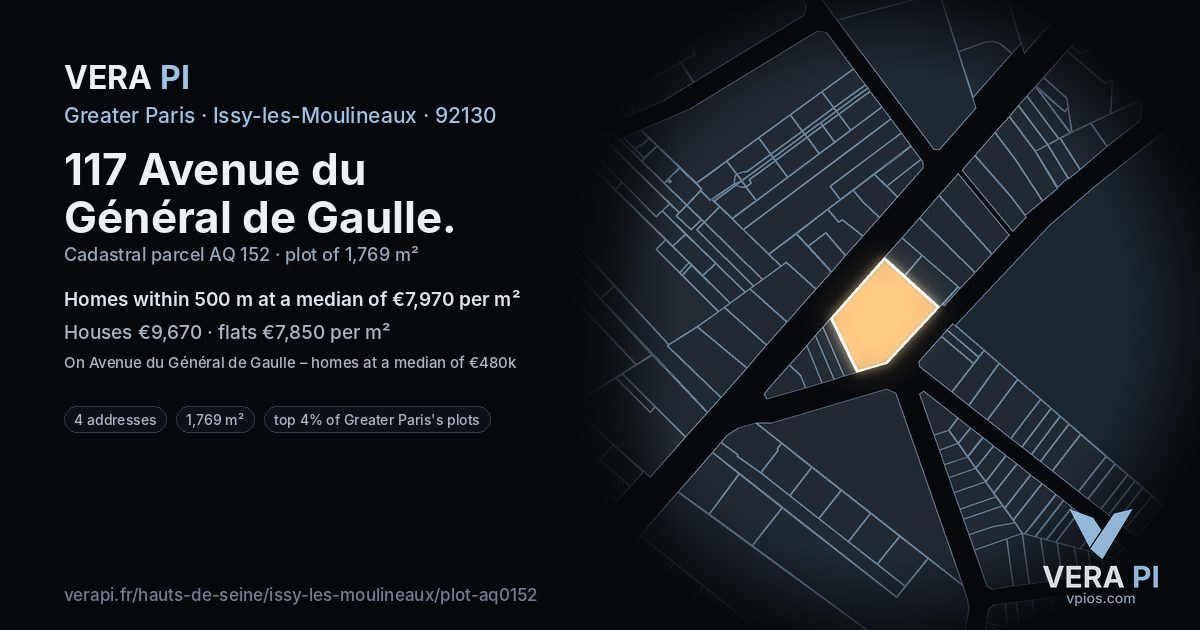117 Avenue du Général de Gaulle, Issy-les-Moulineaux at night – the plot lit, the parcels around coloured by the prices near them