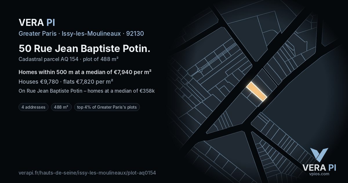 50 Rue Jean Baptiste Potin, Issy-les-Moulineaux at night – the plot lit, the parcels around coloured by the prices near them