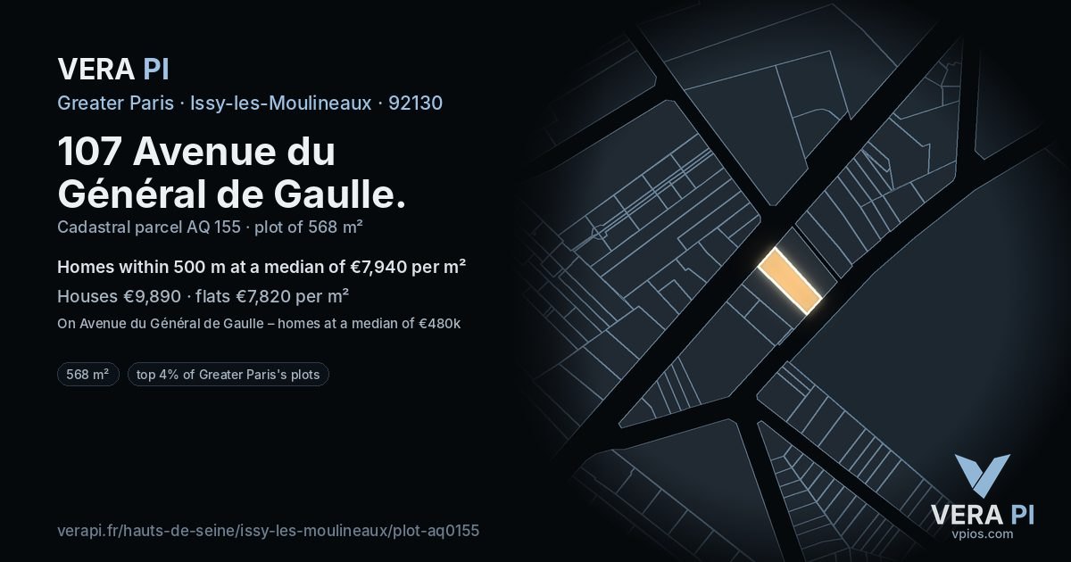 107 Avenue du Général de Gaulle, Issy-les-Moulineaux at night – the plot lit, the parcels around coloured by the prices near them