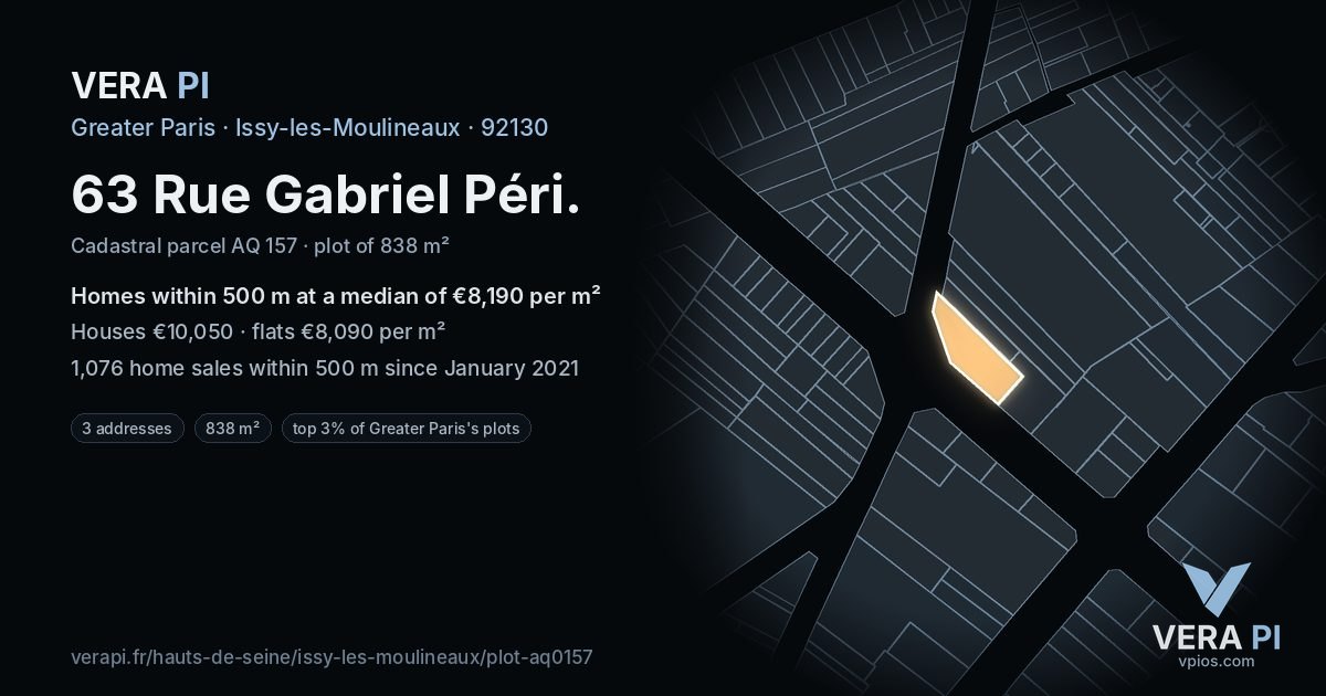 63 Rue Gabriel Péri, Issy-les-Moulineaux at night – the plot lit, the parcels around coloured by the prices near them