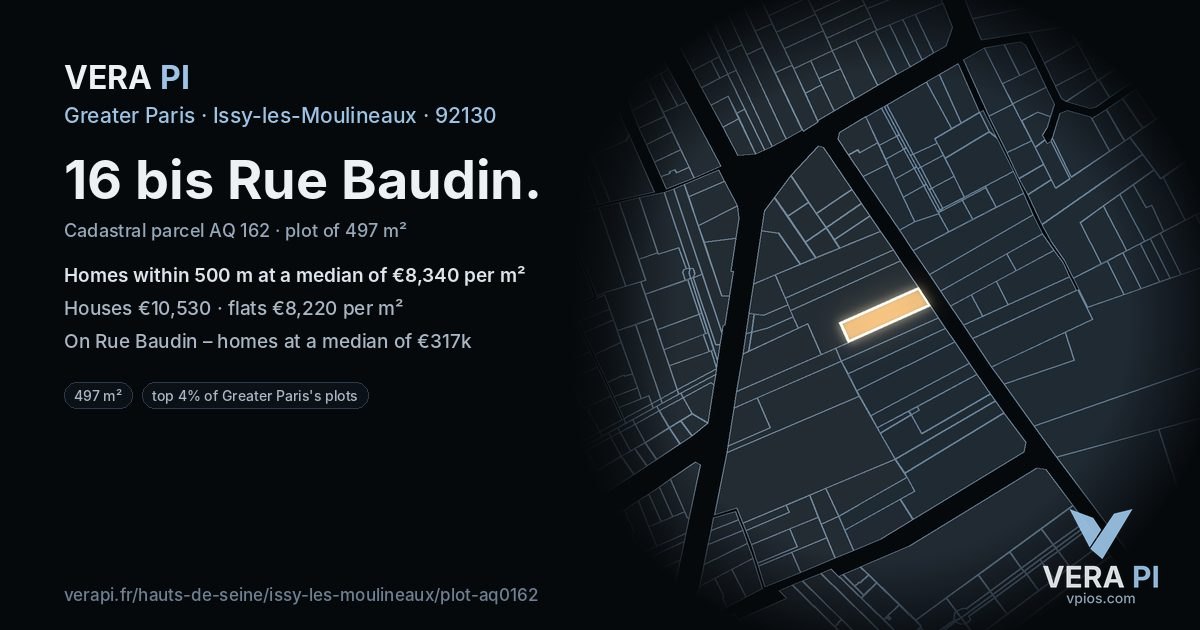 16 bis Rue Baudin, Issy-les-Moulineaux at night – the plot lit, the parcels around coloured by the prices near them