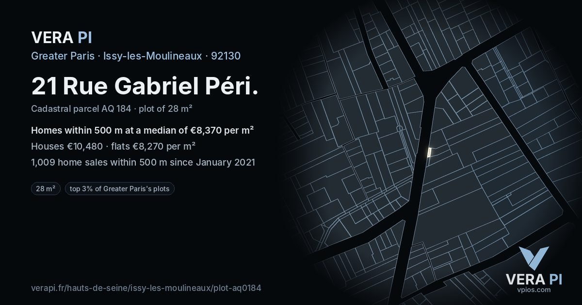 21 Rue Gabriel Péri, Issy-les-Moulineaux at night – the plot lit, the parcels around coloured by the prices near them