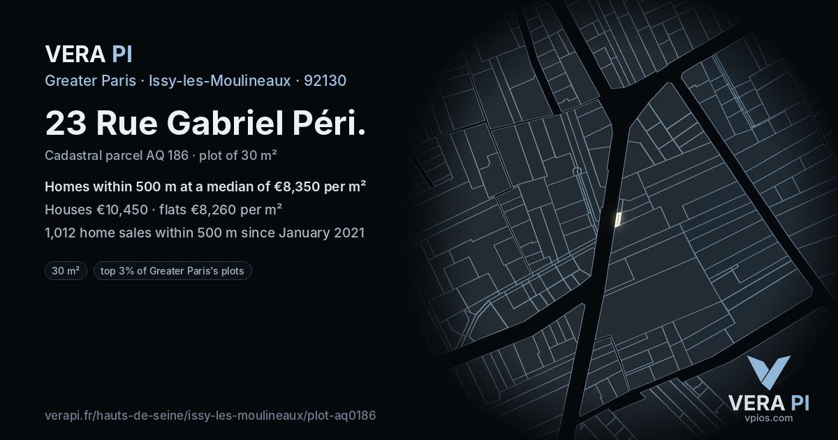 23 Rue Gabriel Péri, Issy-les-Moulineaux at night – the plot lit, the parcels around coloured by the prices near them