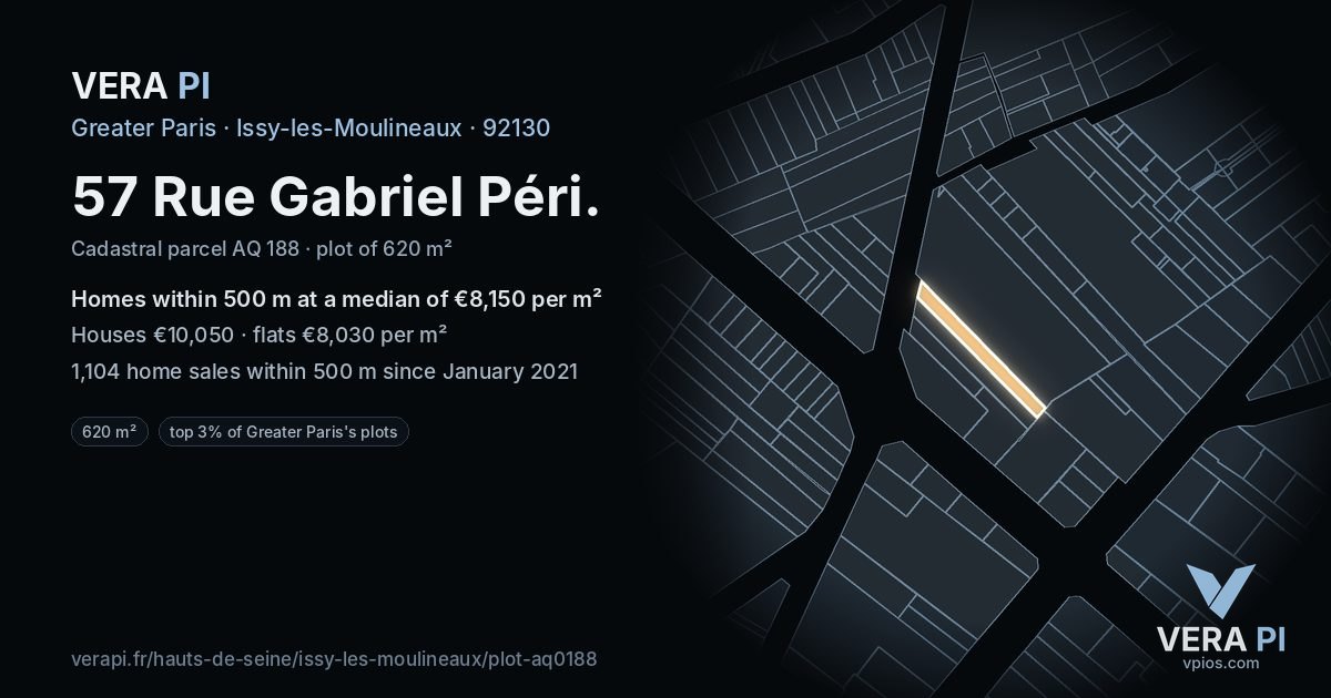 57 Rue Gabriel Péri, Issy-les-Moulineaux at night – the plot lit, the parcels around coloured by the prices near them