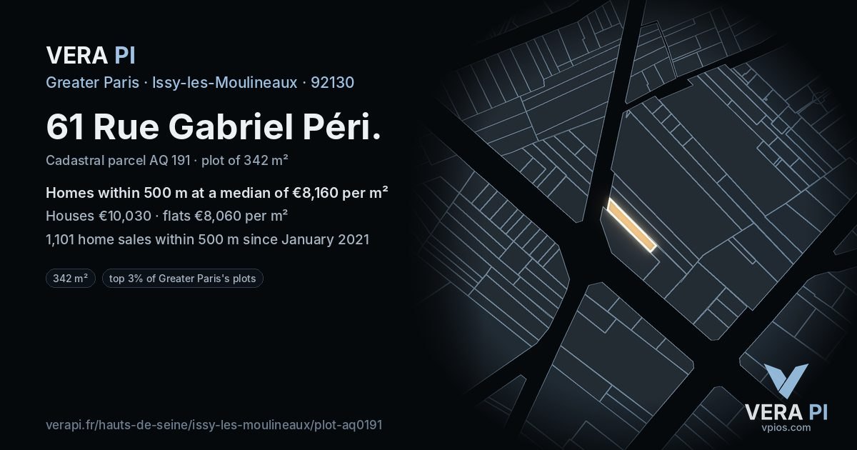 61 Rue Gabriel Péri, Issy-les-Moulineaux at night – the plot lit, the parcels around coloured by the prices near them