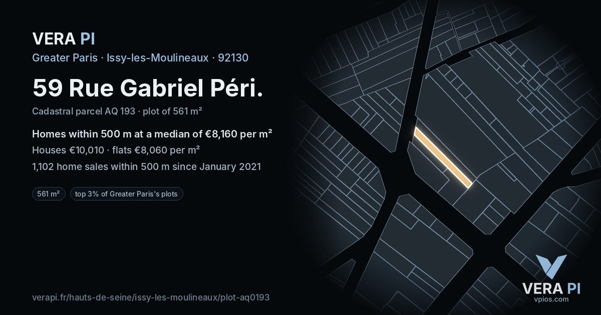 59 Rue Gabriel Péri, Issy-les-Moulineaux at night – the plot lit, the parcels around coloured by the prices near them