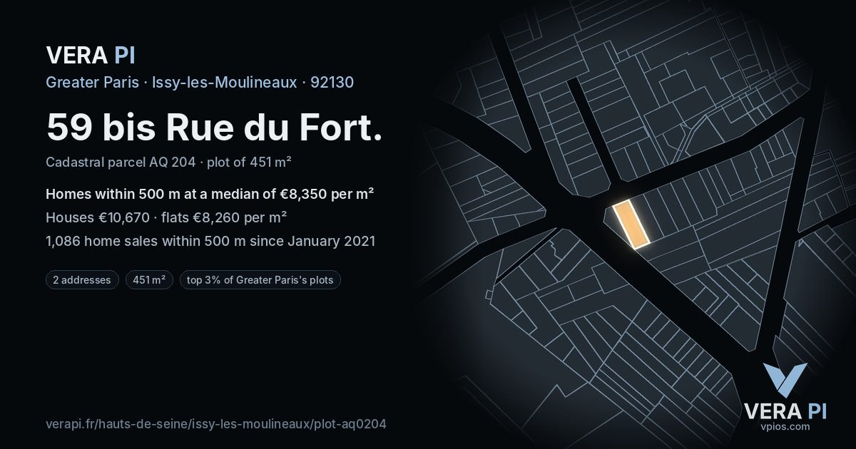 59 bis Rue du Fort, Issy-les-Moulineaux at night – the plot lit, the parcels around coloured by the prices near them