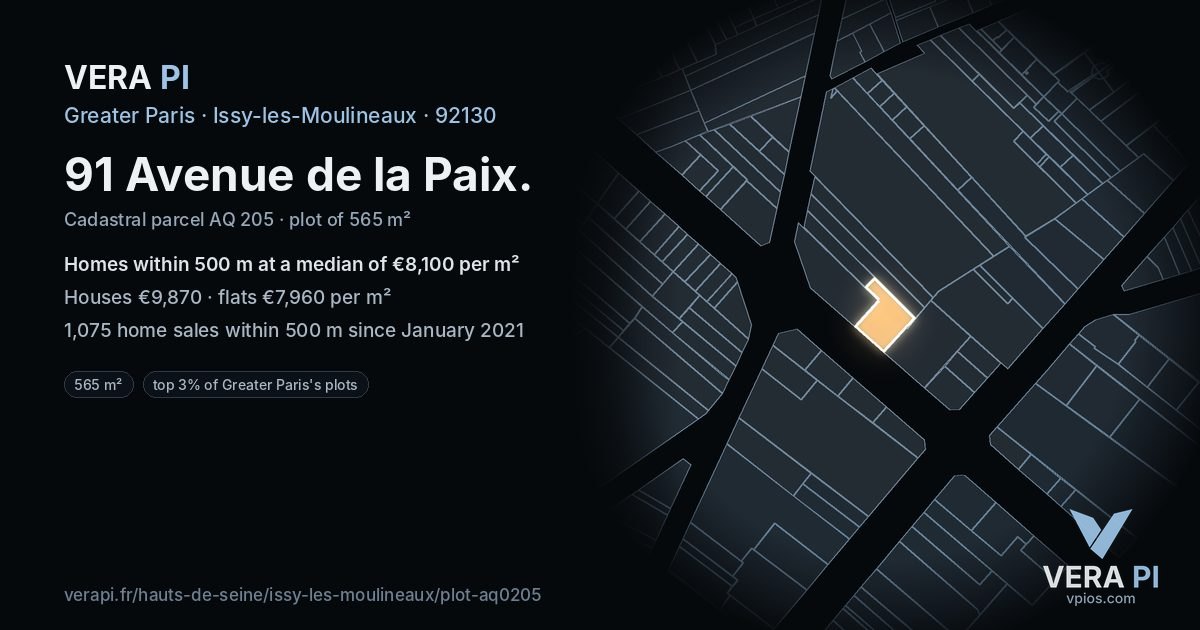 91 Avenue de la Paix, Issy-les-Moulineaux at night – the plot lit, the parcels around coloured by the prices near them