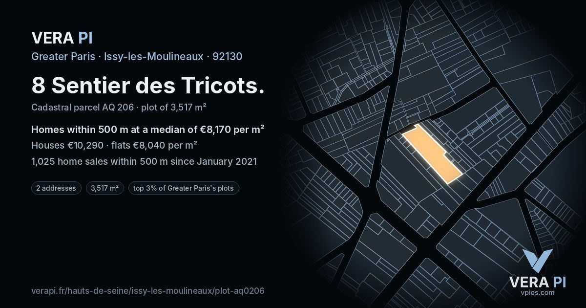 8 Sentier des Tricots, Issy-les-Moulineaux at night – the plot lit, the parcels around coloured by the prices near them