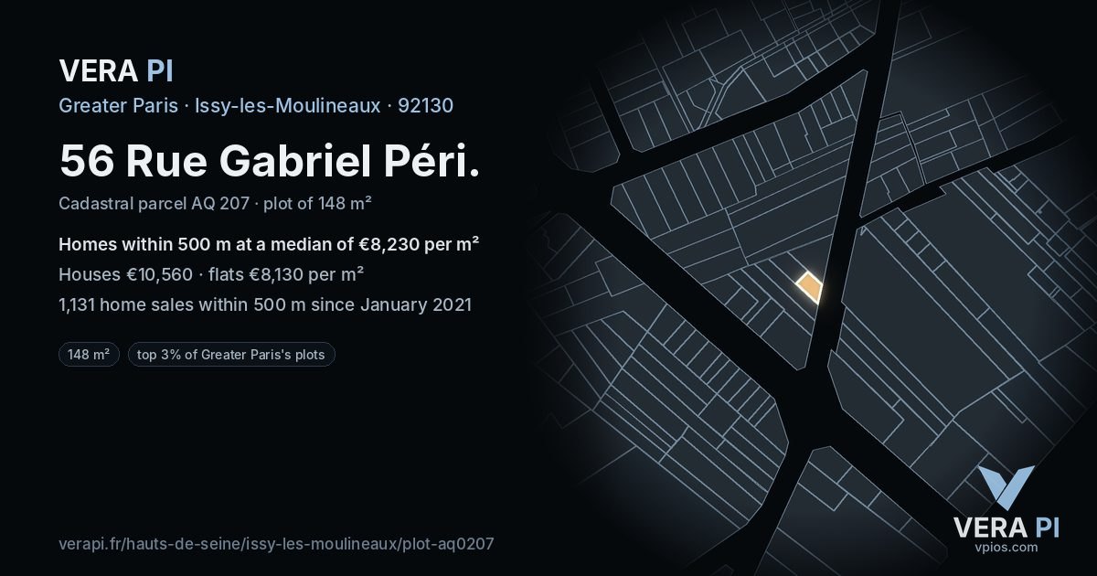 56 Rue Gabriel Péri, Issy-les-Moulineaux at night – the plot lit, the parcels around coloured by the prices near them