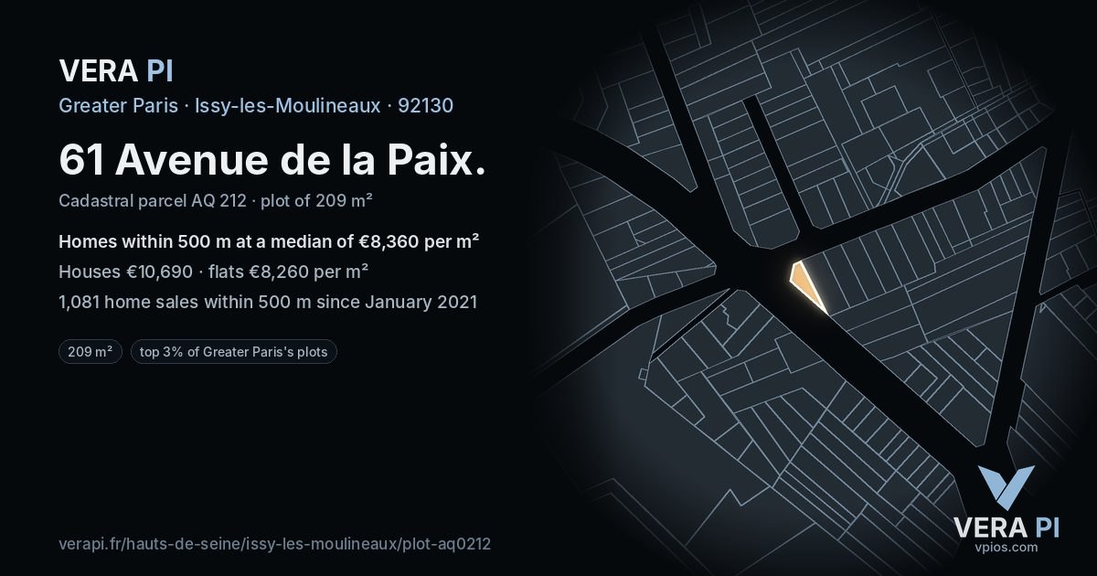 61 Avenue de la Paix, Issy-les-Moulineaux at night – the plot lit, the parcels around coloured by the prices near them