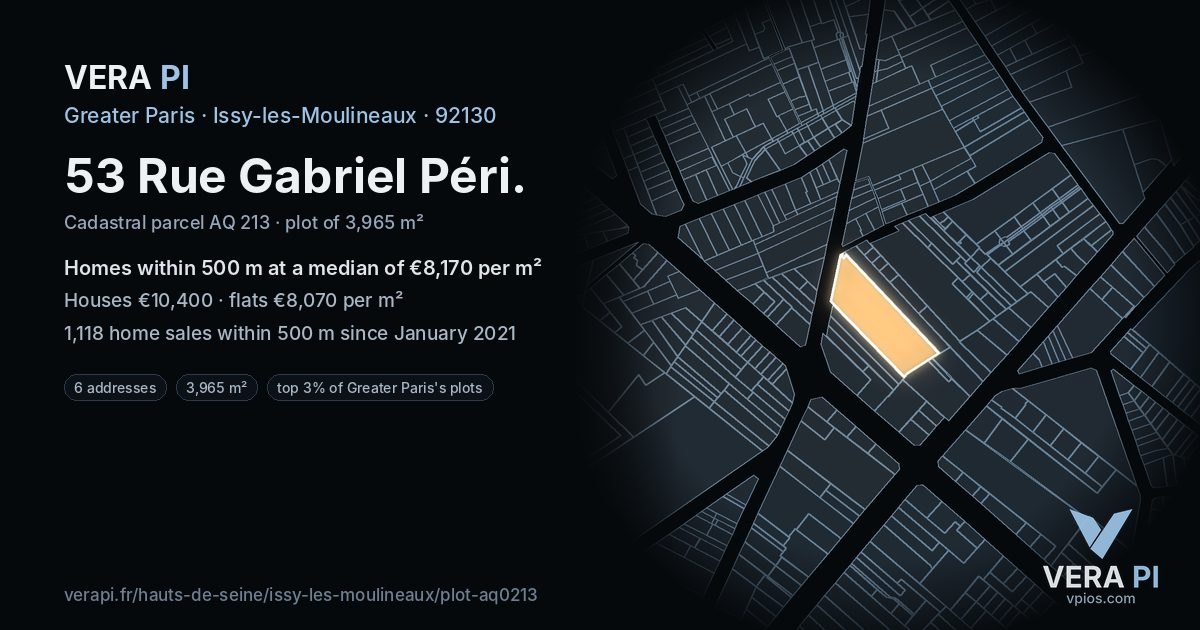 53 Rue Gabriel Péri, Issy-les-Moulineaux at night – the plot lit, the parcels around coloured by the prices near them