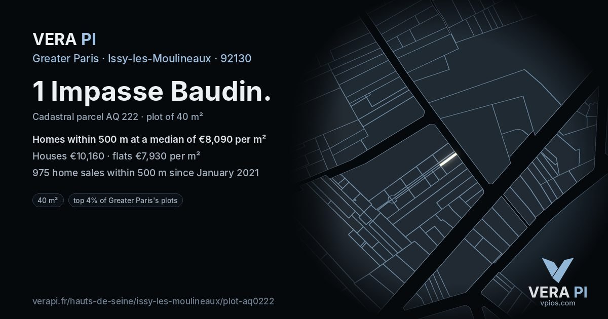 1 Impasse Baudin, Issy-les-Moulineaux at night – the plot lit, the parcels around coloured by the prices near them